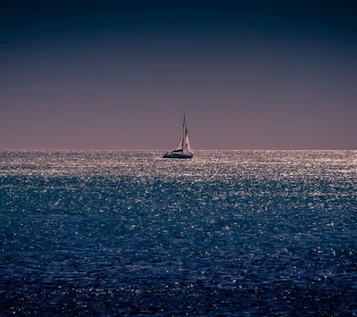 bleu, bateau, soir, horizon, mer