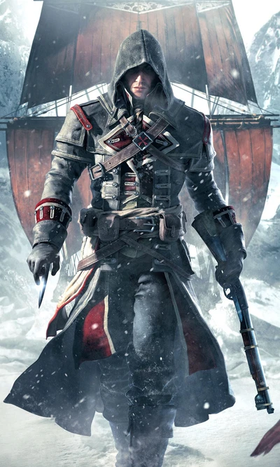 Rogue Assassin in a Snowy Landscape with Ship Sails