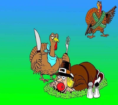 A whimsical Thanksgiving scene featuring a turkey wielding a knife and fork, humorously confronting a surprised pilgrim on the ground, with another turkey in the background.