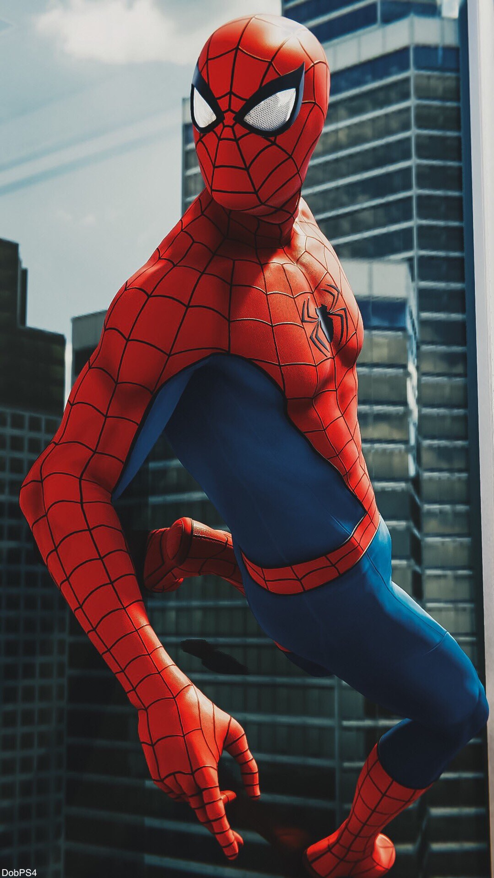 Spider - man posed in front of a tall building in a city (spider man, spidermangame, spidermanps4, mrnegative, homecoming)