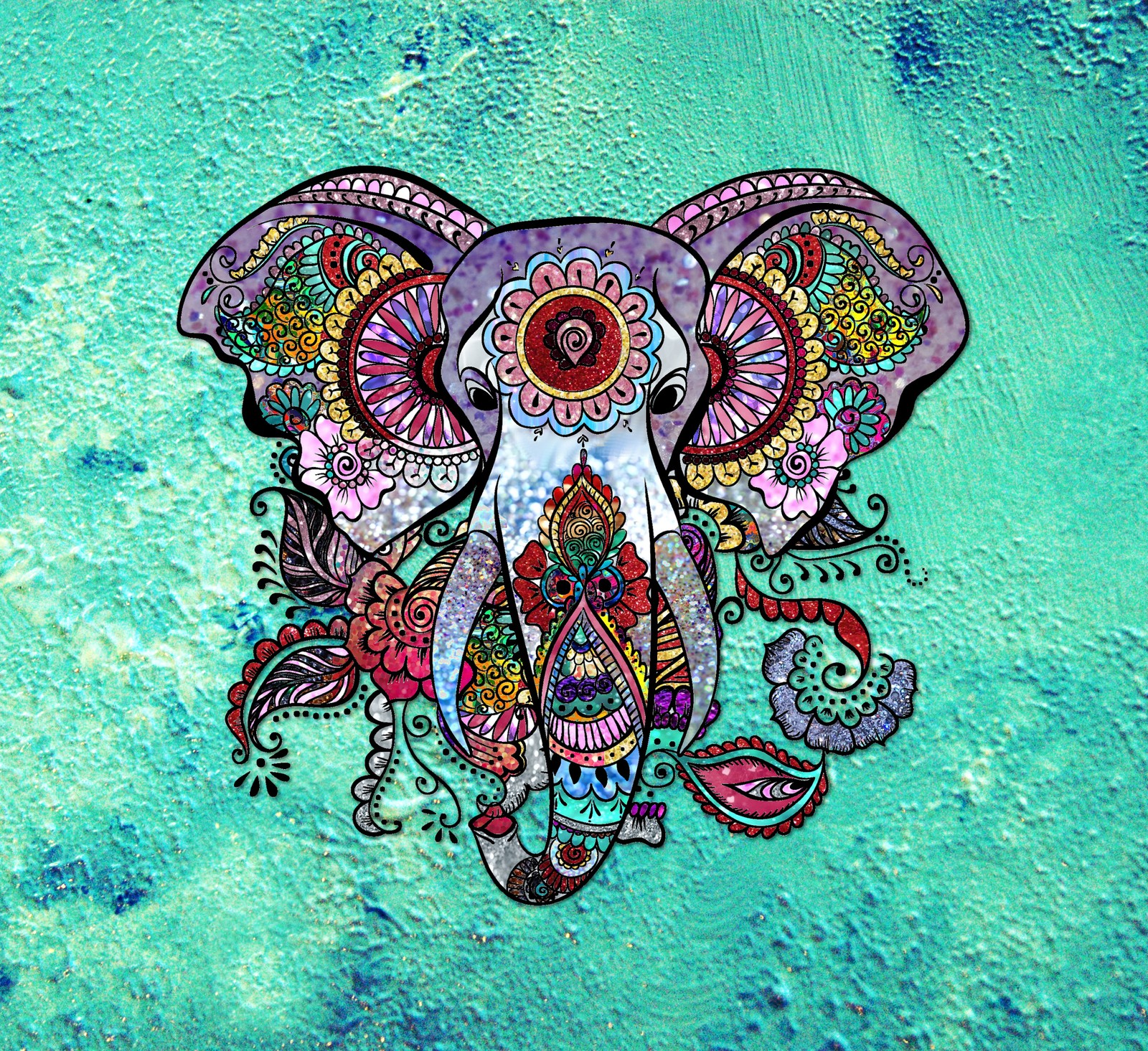 Painting of an elephant with a colorful design on it's head (bohemian, boho, colorful, colors, elephant)