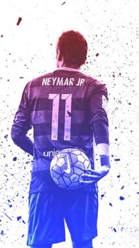 Neymar Jr. in a striking pose, holding a soccer ball, showcasing his iconic jersey number 11 against a vibrant, splattered background.