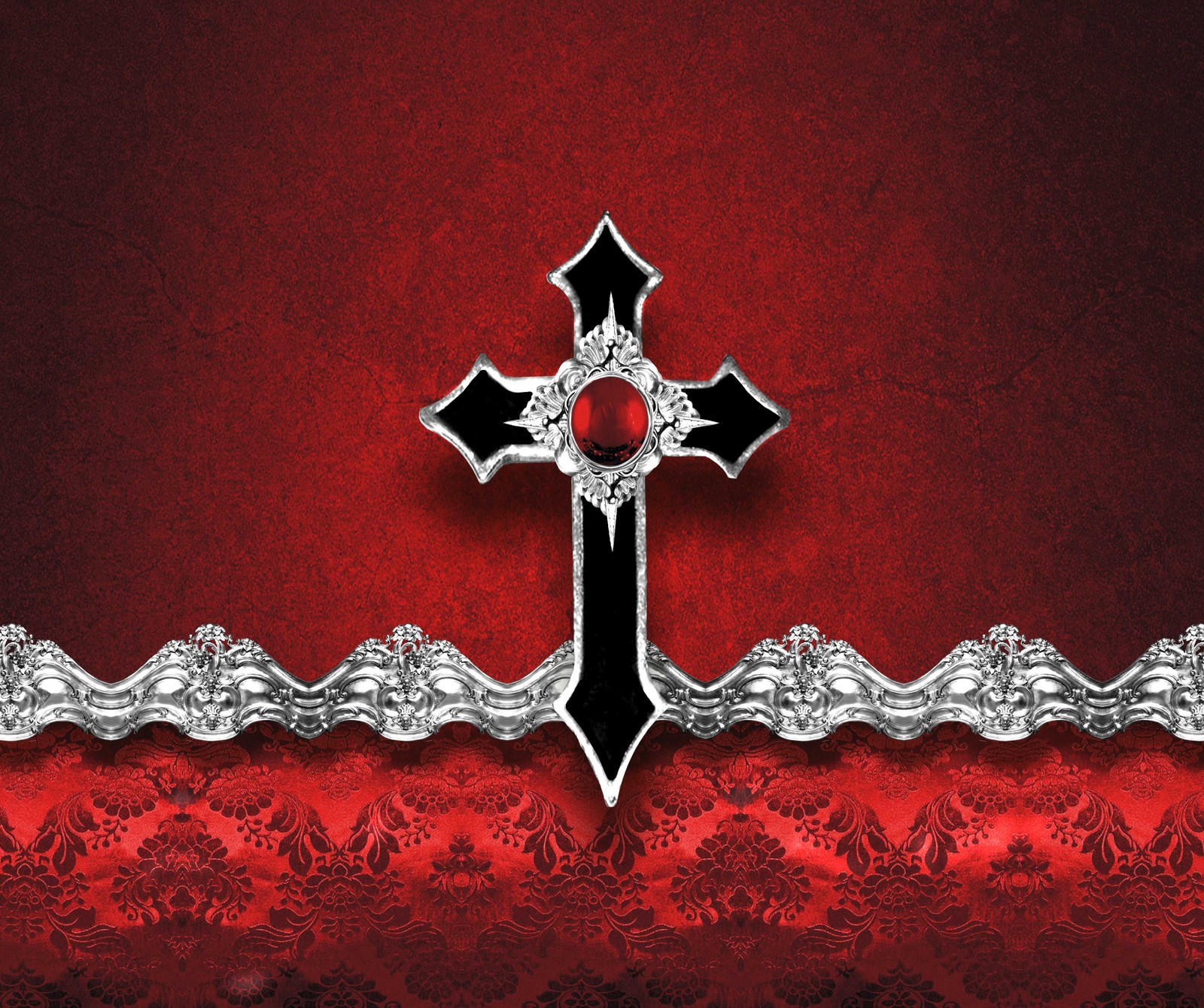 A red and black wallpaper with a cross on it (abstract, dark, gothic)