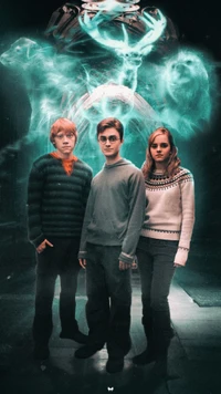 Harry, Ron e Hermione canalizando o feitiço Expecto Patronum