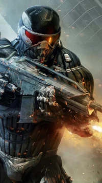 Futuristic armored soldier in dynamic action pose, wielding a firearm amidst explosive effects.