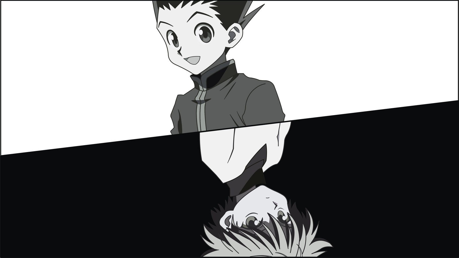 Anime character with a black and white background and a black and white picture (gon, hunter x hunter, killua)