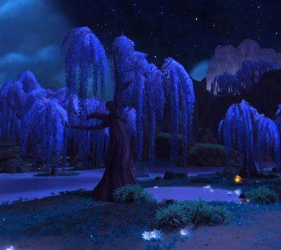 blue night, fantasy, night, trees