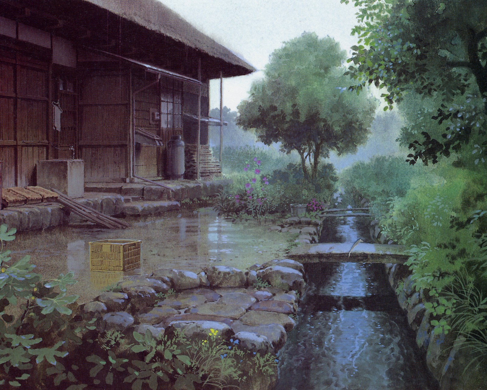 Painting of a stream running through a lush green forest filled with trees (ghibli, poko, pom)