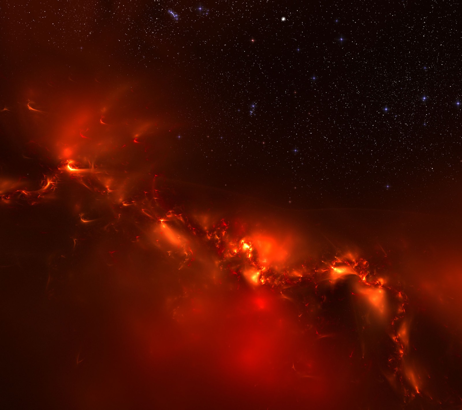 A view of a star filled sky with a bright red cloud (nebula, solar)