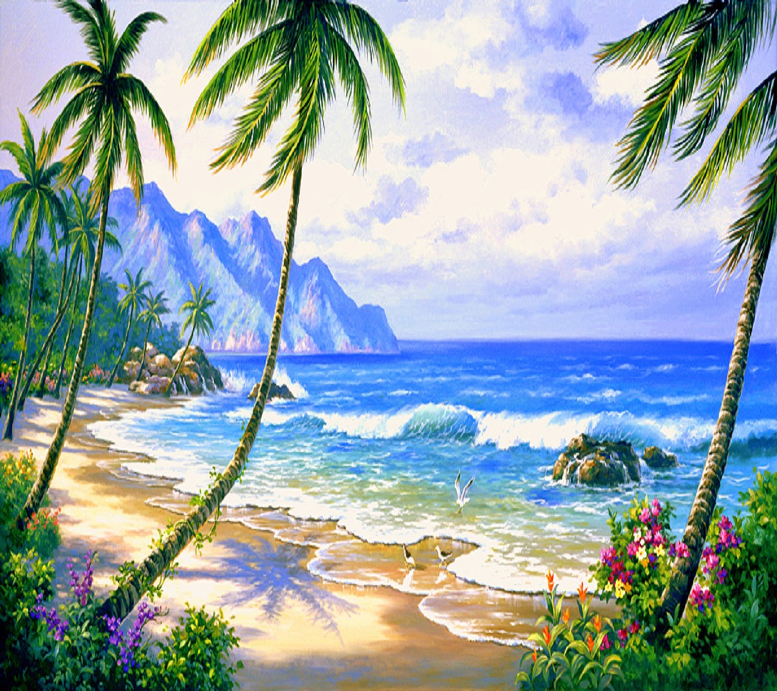 Pintura de una escena de playa tropical con palmeras y una ola (mirada, agradable)