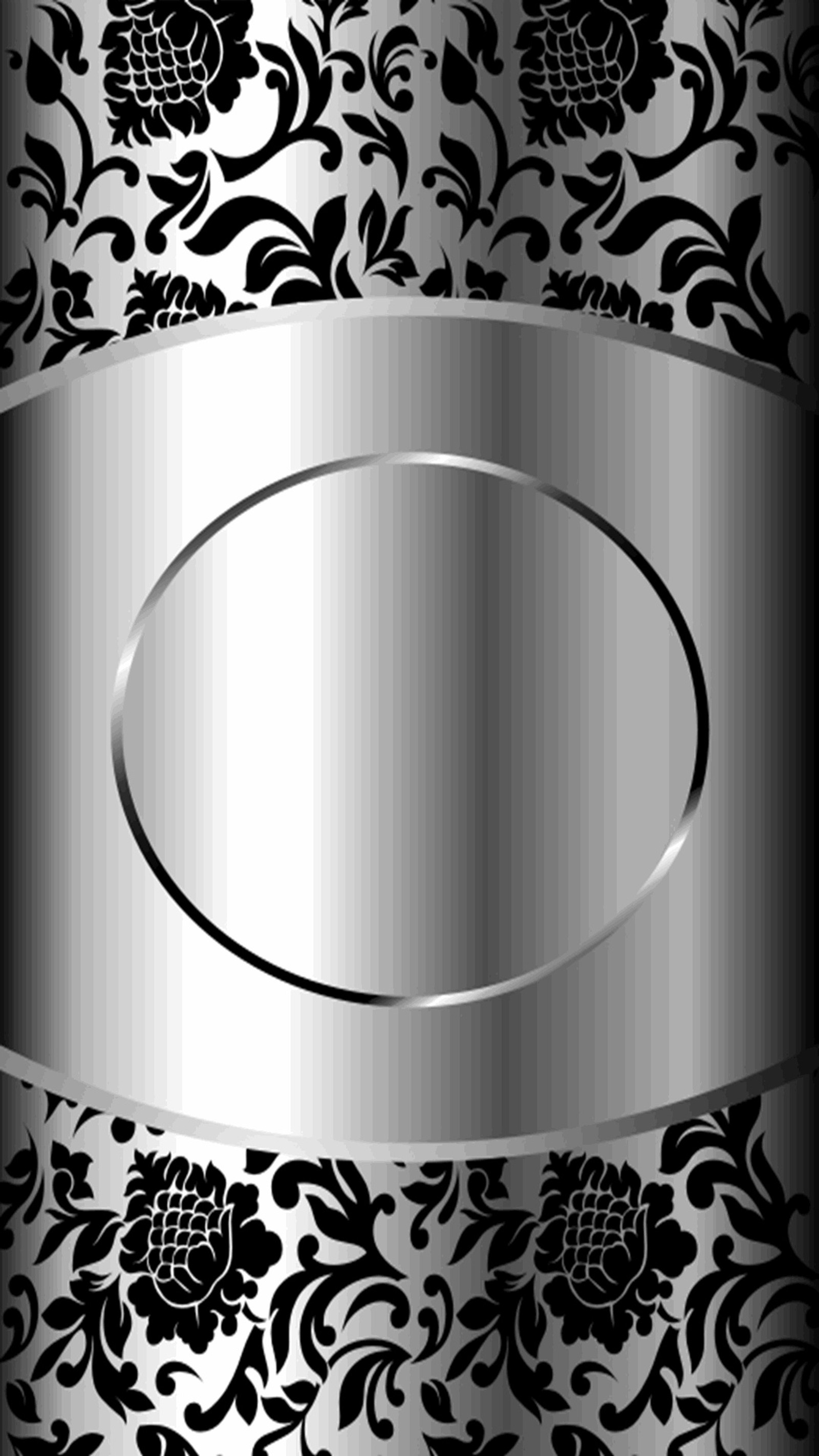 A silver and black floral background with a silver oval frame (metalic, silver)