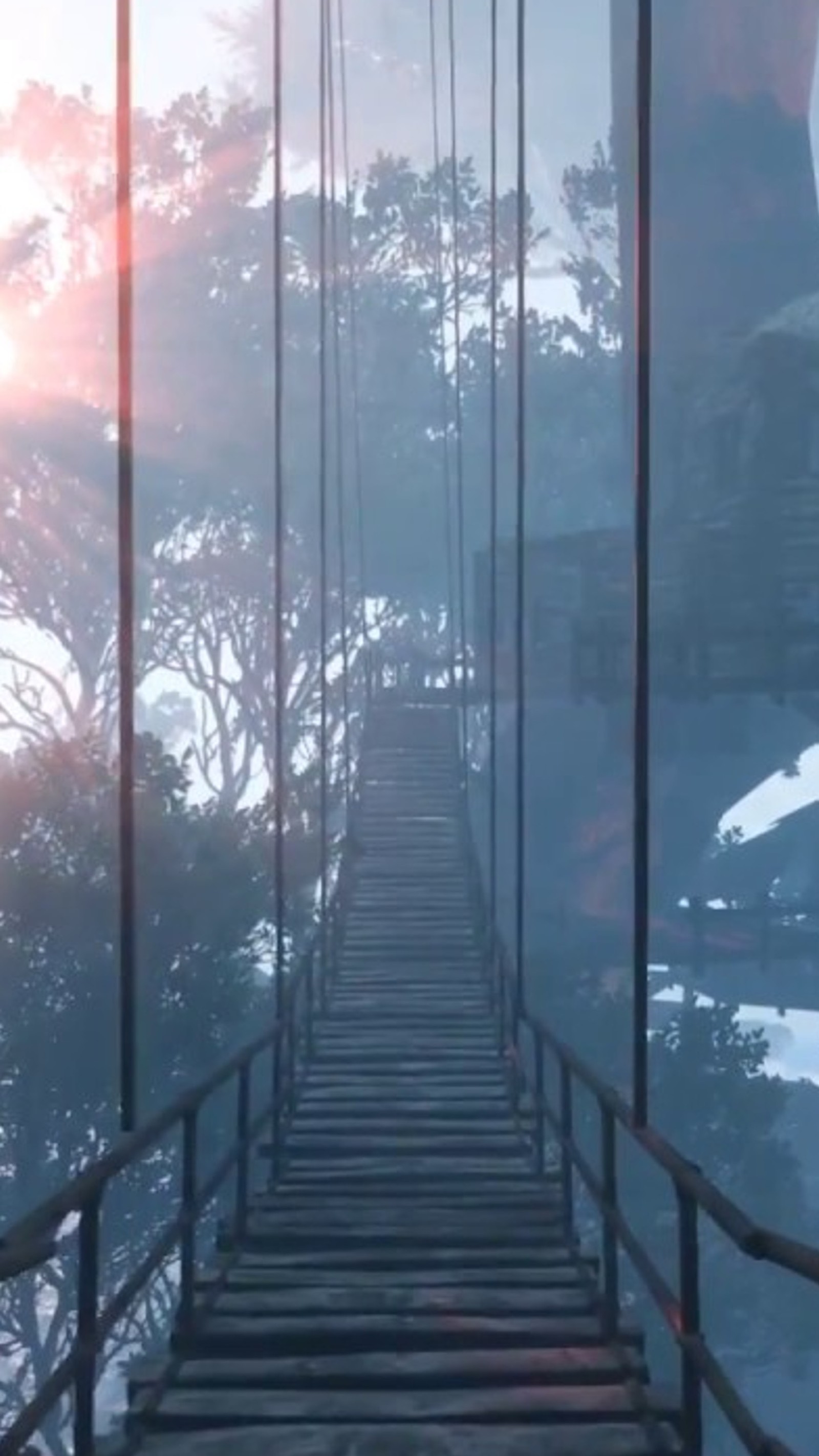 A close up of a bridge with a sky background and a tree (landscape, nature, pont)