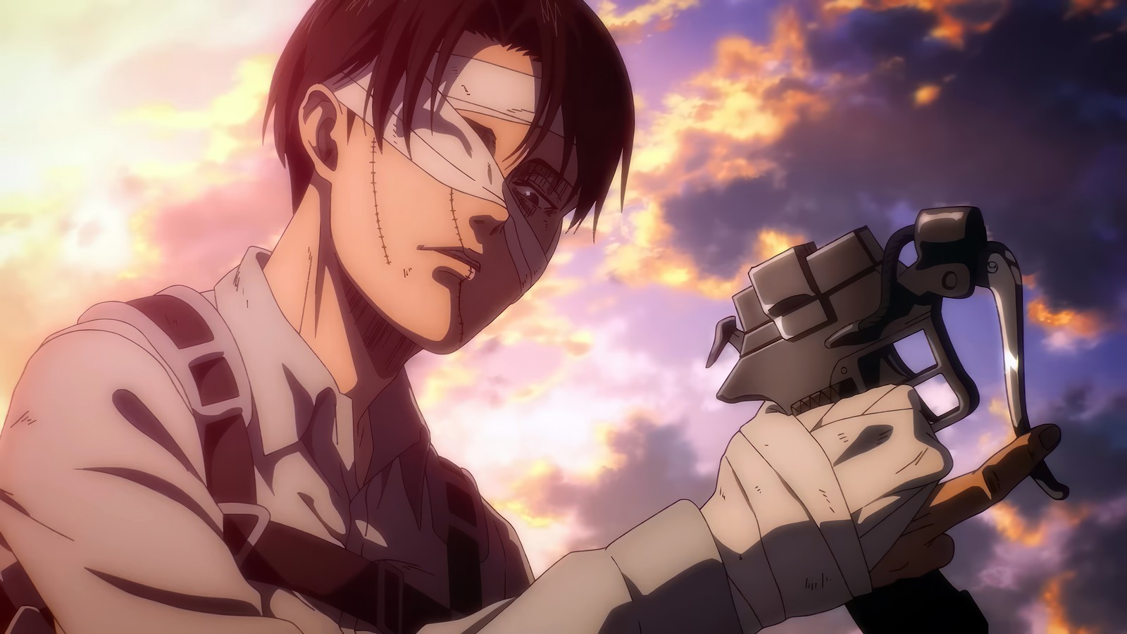 Anime guy with a gun in his hand and a cloudy sky in the background (attack on titan, anime, shingeki no kyojin, aot, snk)