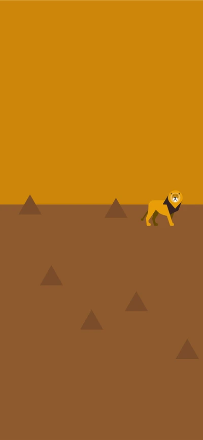 Eine minimalistische Illustration, die einen Löwen zeigt, der über eine sandige Landschaft mit dreieckigen Pyramiden im Vordergrund und einem warmen orangefarbenen Hintergrund läuft.