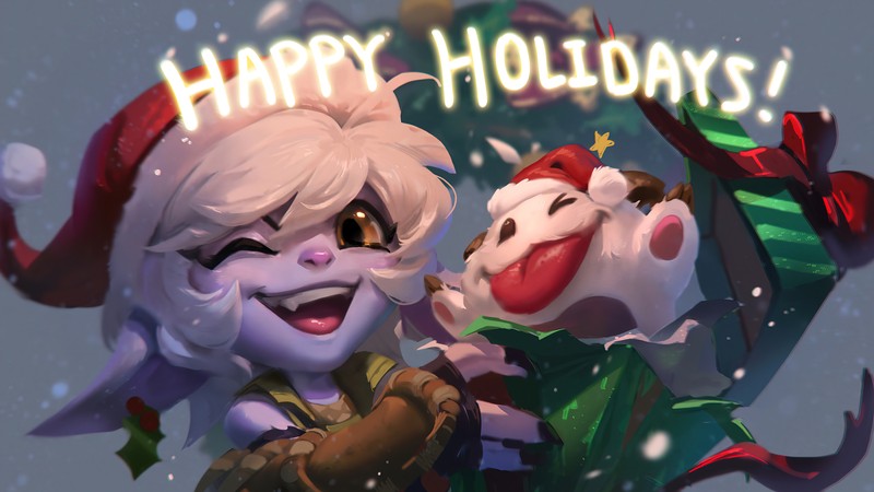 Un gros plan de deux personnages de dessin animé avec un message de joyeuses vacances (tristana, earnest elf, poro, bonnes fêtes, lol)