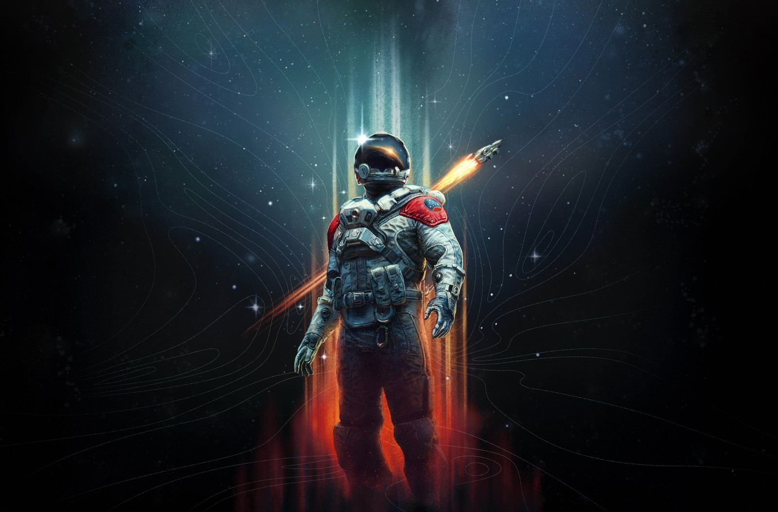 Un hombre con un traje espacial sosteniendo un cohete y un transbordador espacial (astronauta, campo estelar, 5k, juegos 2023, xbox series x y series s)