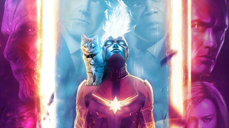 Um cartaz de um gato sentado nos ombros de uma mulher (capitã marvel, captain marvel, marvel comics, quadrinhos, ganso o gato)