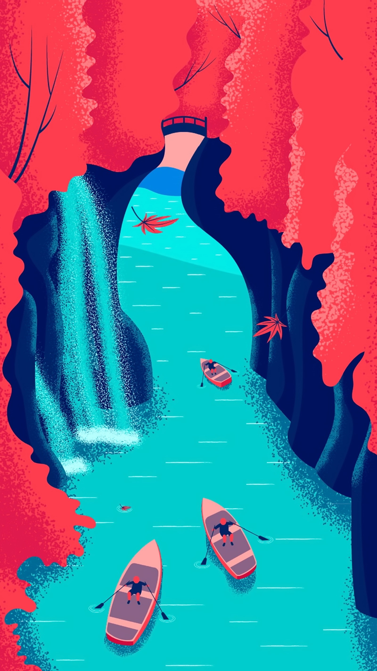 Existem dois barcos flutuando em um rio perto de uma cachoeira (ilustração, artes visuais, desenho, ilustração digital, arte)