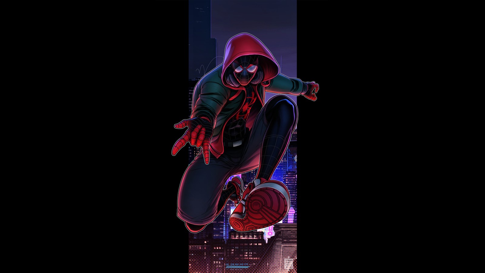 Spider-man en sweat à capuche sautant au-dessus d'une ville la nuit (spider man, miles morales, obscurité, gwen stacy, art)