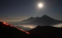 pacaya, volcano, mountain range, light, night