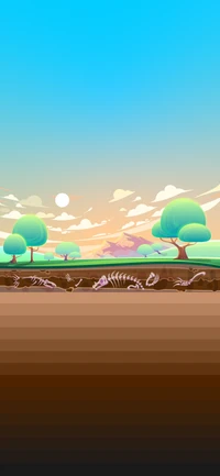 Whimsical Landscape with Fossil Remains Under a Vibrant Sky