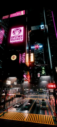 Vibrant Cyberpunk Cityscape with Skyscrapers and Neon Signage