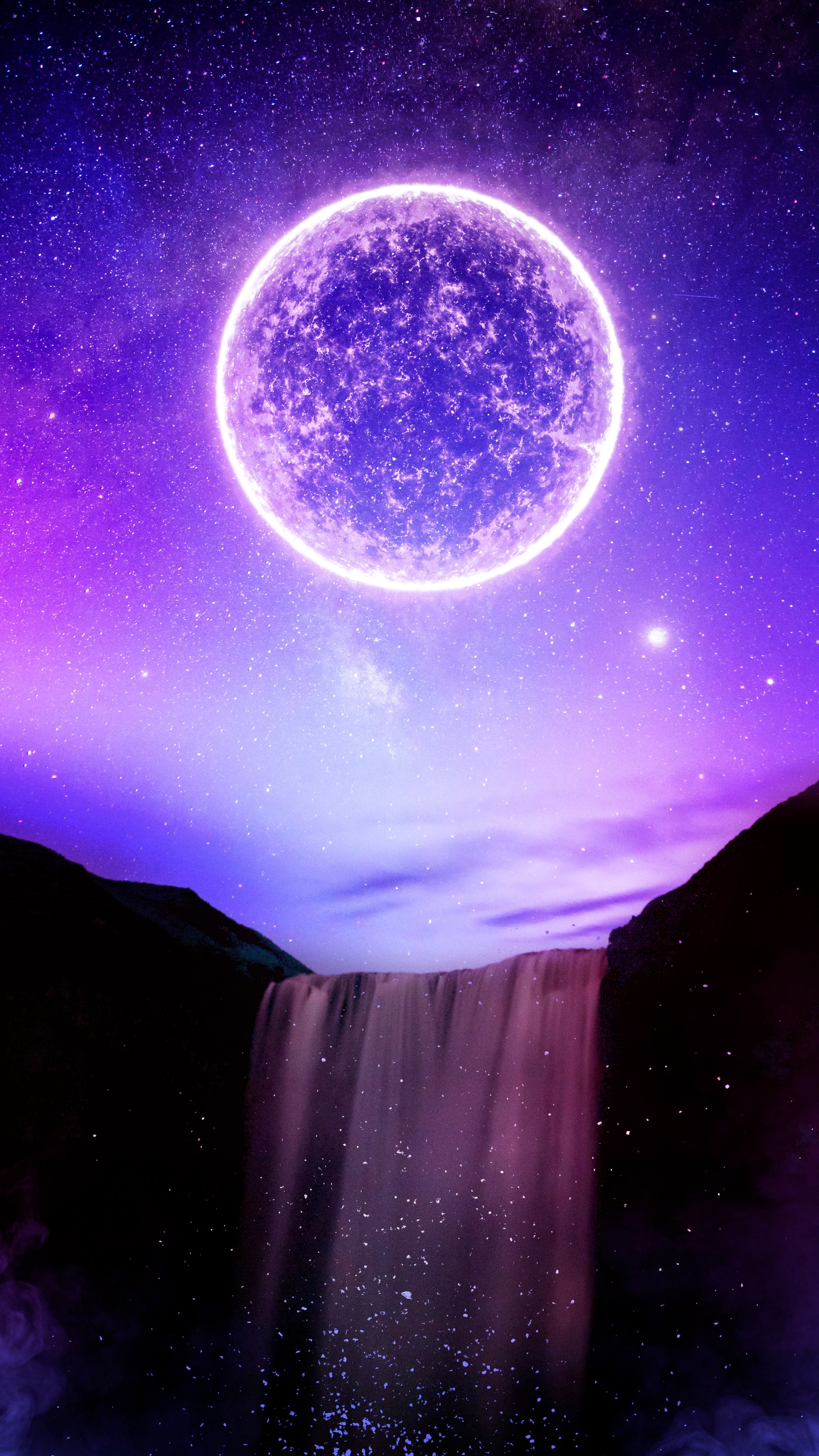 Purple and blue galaxy with a waterfall and a bright circle (atmosphere, android, world, light, nature)