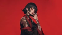 Anime girl with striking red eyes, adorned with intricate tattoos, set against a vivid red background.