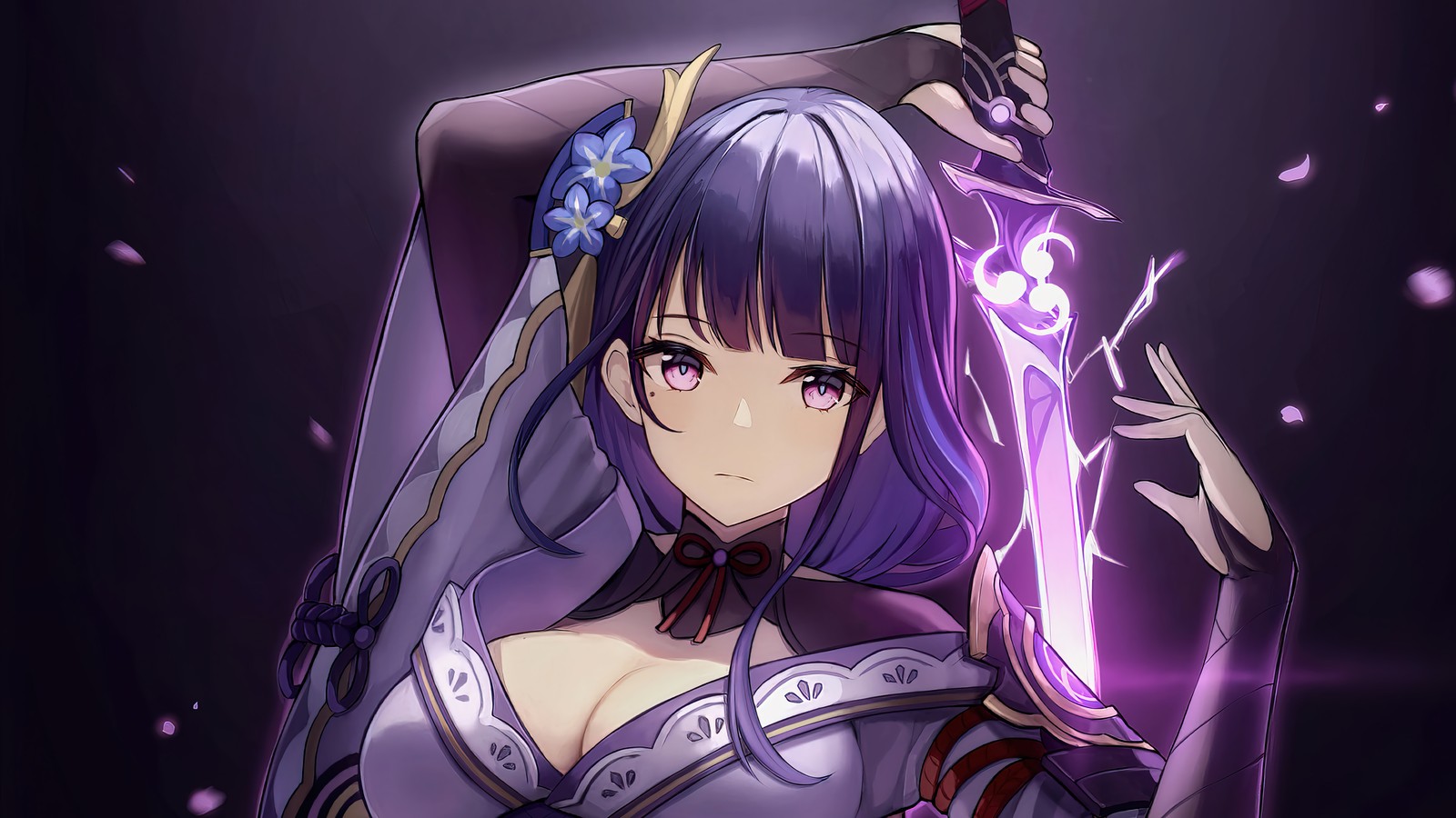 Anime, chica de anime, cabello morado, ojos morados, vestido morado, cabello morado, vestido morado (raiden shogun, genshin impact, videojuego)