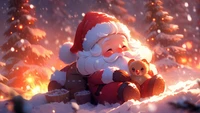 Adorable Santa Claus en un país de invierno, abrazando a un lindo compañero