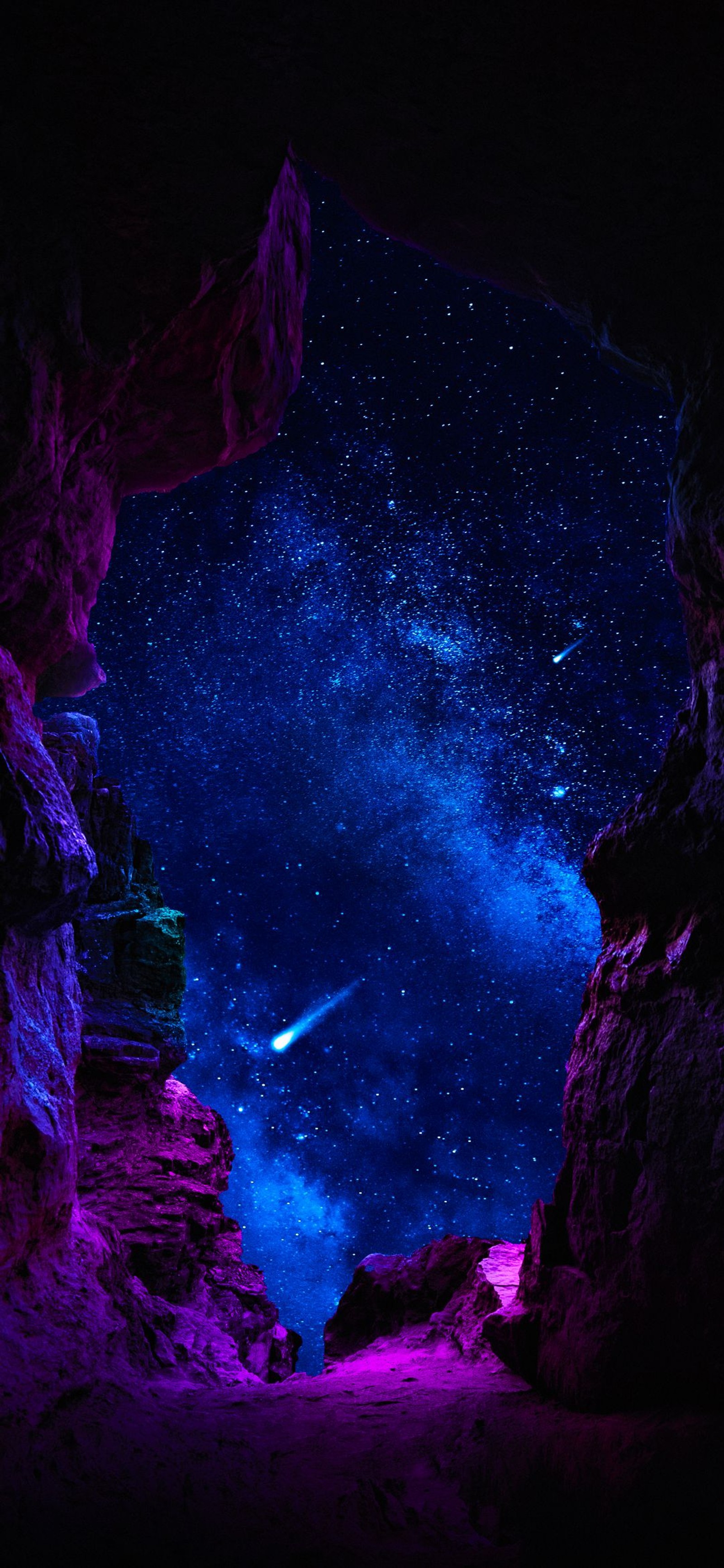 Uma caverna mal iluminada com uma estrela cadente no céu (mundo, roxo, objeto astronômico, arte, azul elétrico)