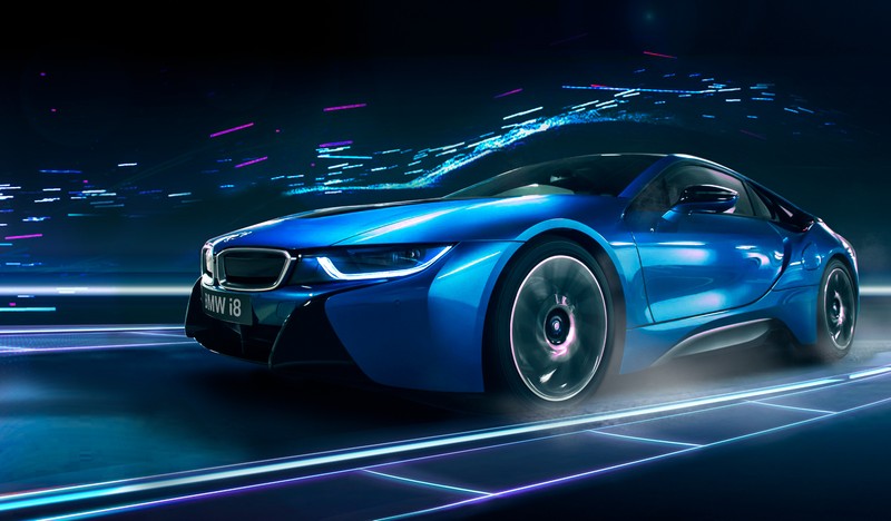 Bmw i8 электрический спорткар на город街 в ночное время (bmw i8, машина, bmw, концепт кар, спортивный автомобиль)