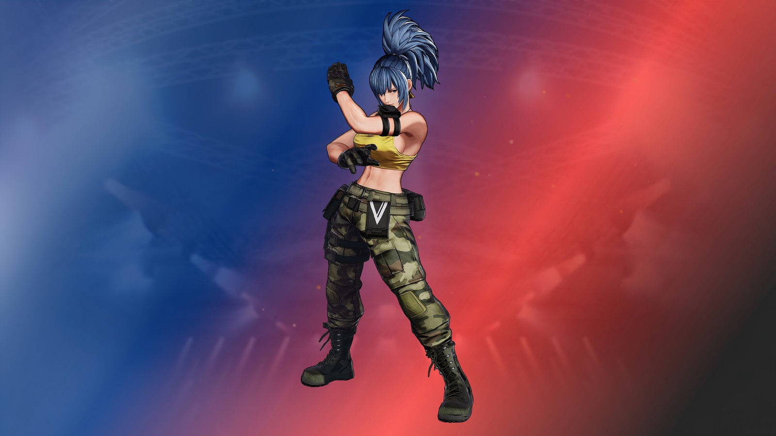 Una mujer con un top negro y pantalones verdes sosteniendo un arma (leona heidern, the king of fighters xv, kof 15, videojuego)