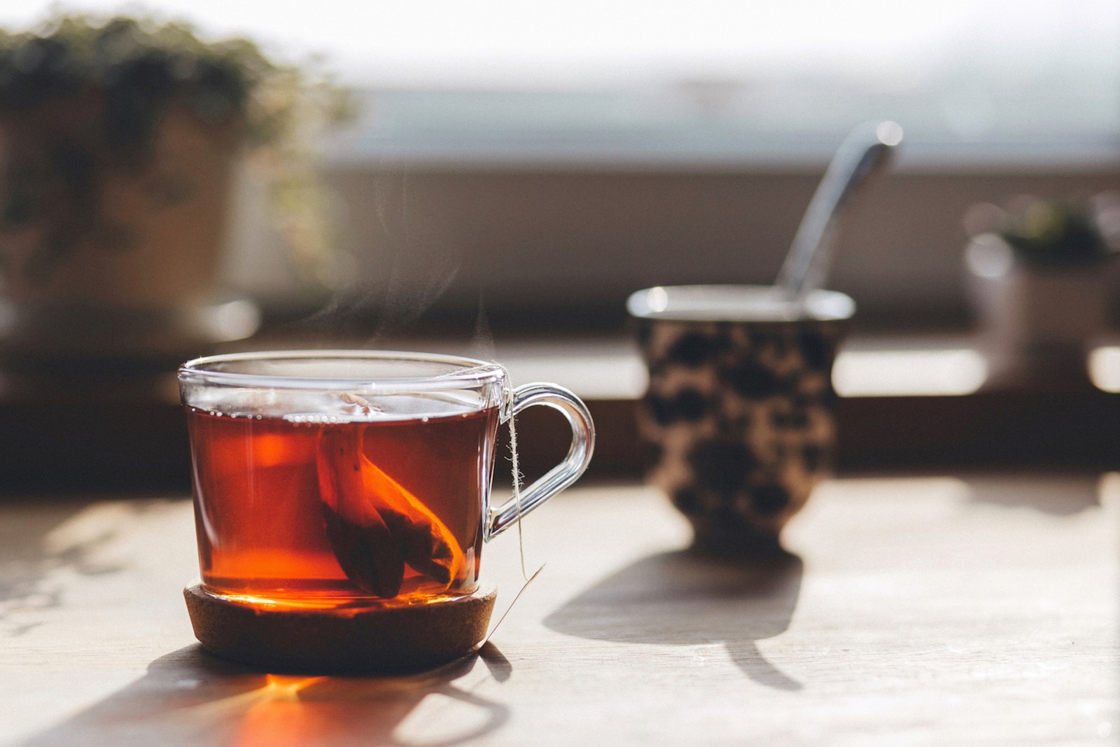 Une tasse de thé avec un sachet de thé à l'intérieur (thé, thé vert, sachet de thé, caféine, thé aux herbes chinoises)