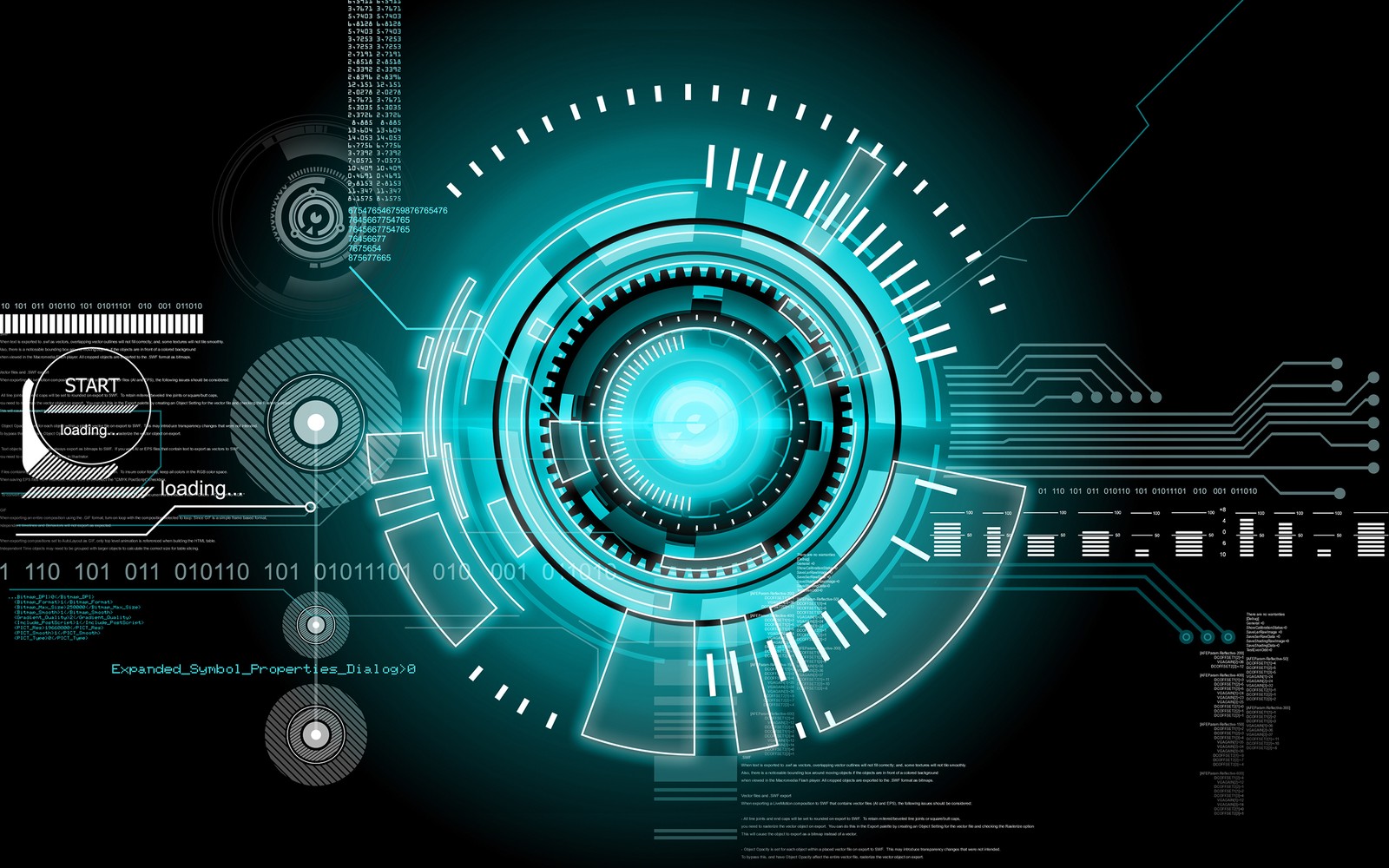 A blue and black futuristic background with a gear wheel (graphics, graphic design, circle, technology, music)