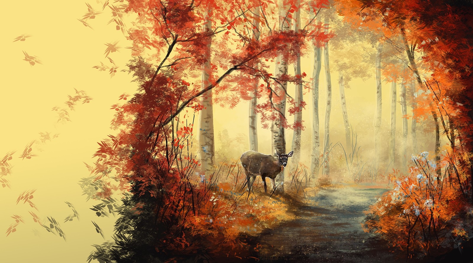 Painting of a deer in a forest with a path in the foreground (painting, forest, landscape painting, art, canvas)