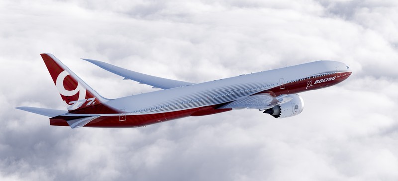 Самолет в небе с красным и белым самолетом (боинг 777х, boeing 777x, самолёт, боинг, boeing)