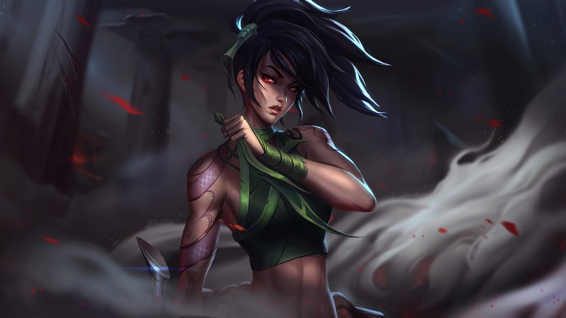 Женщина с мечом в руке в темной комнате (акали, akali, league of legends, lol, видеоигра)