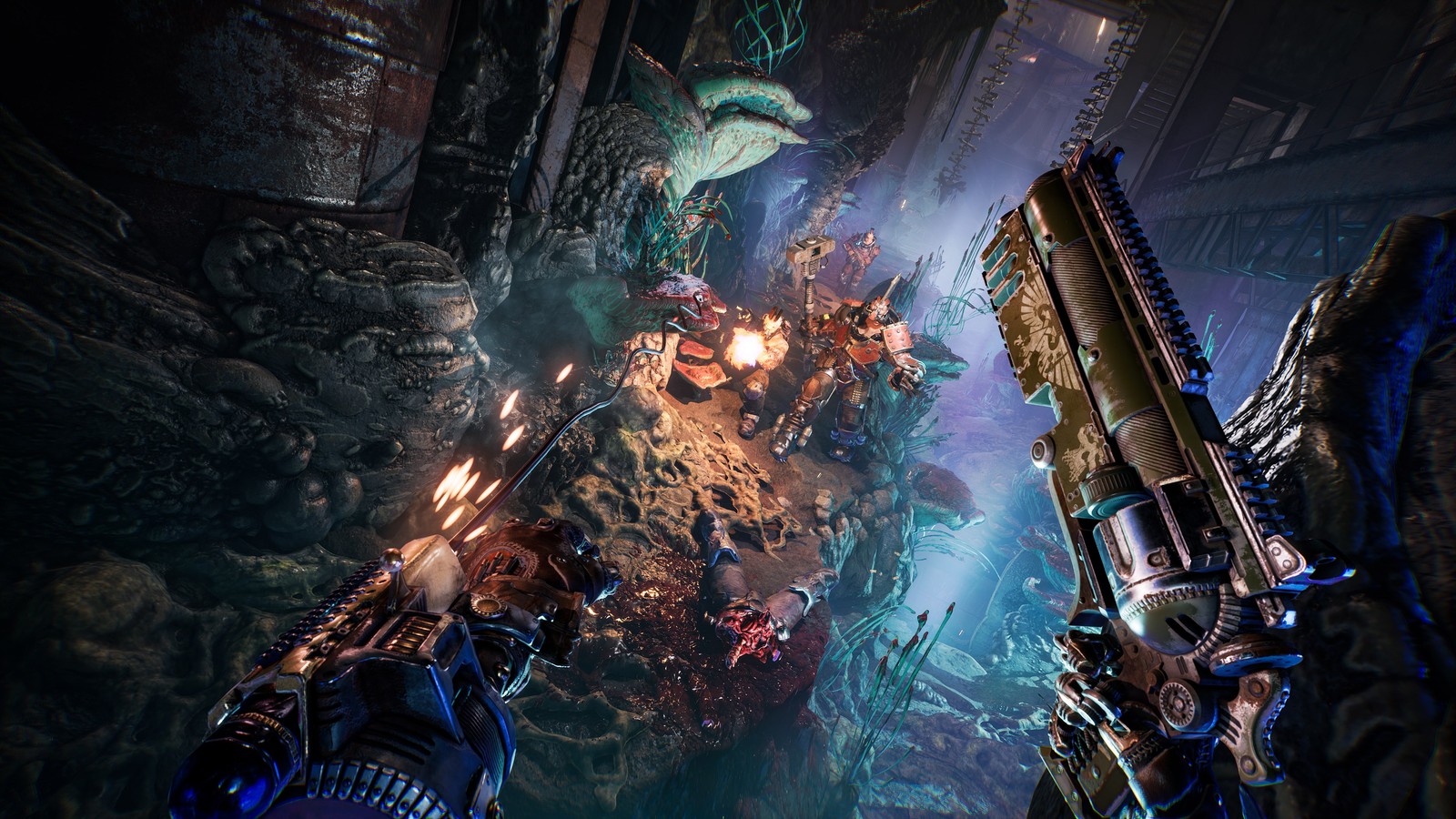 A screenshot of a video game with two guns and a giant fish (necromunda hired gun, video game, fps, first person shooter)