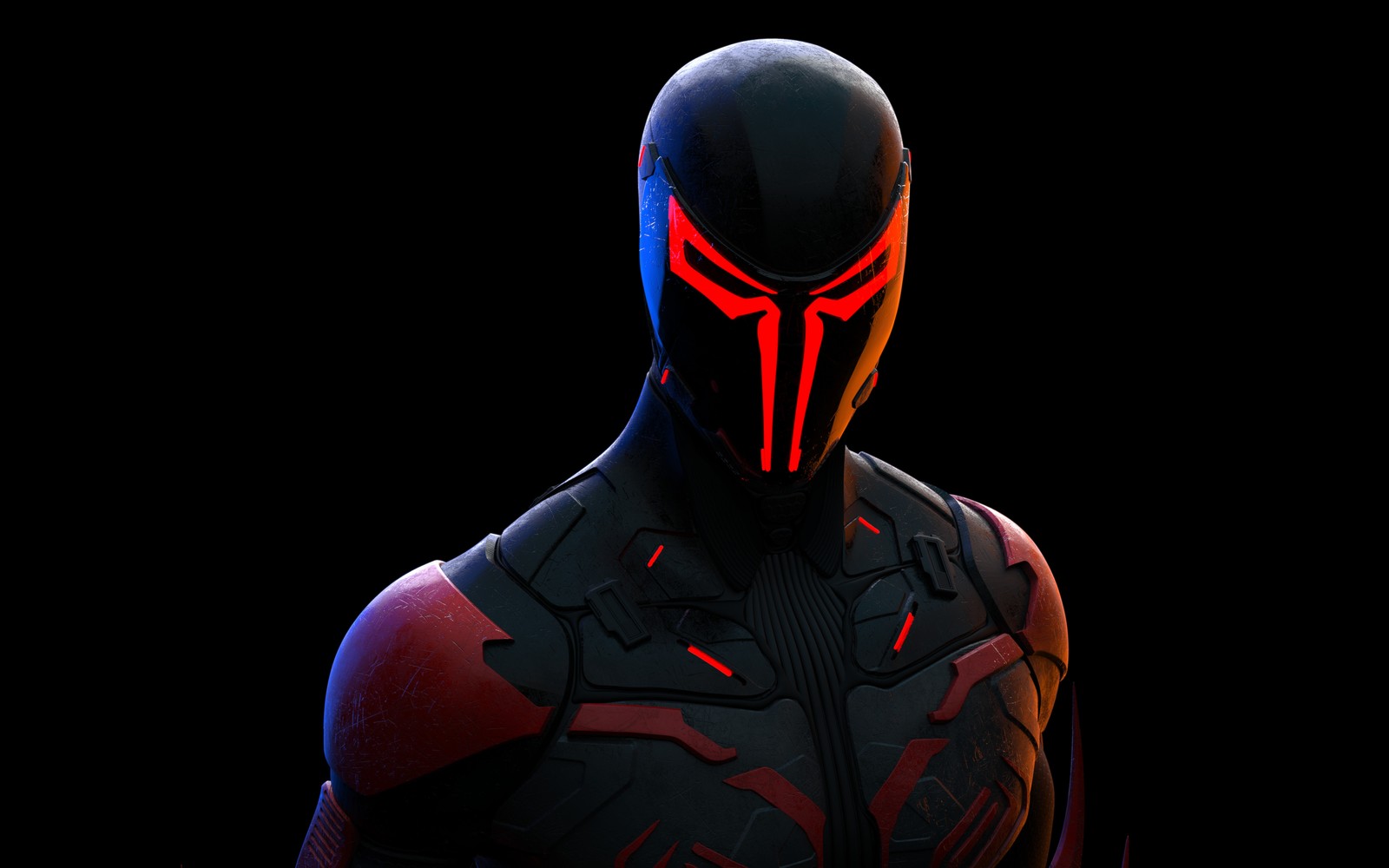 Um close de uma pessoa em um traje vermelho e preto (spider man 2099, amoled, super heróis marvel, marvel superheroes, marvel comics)