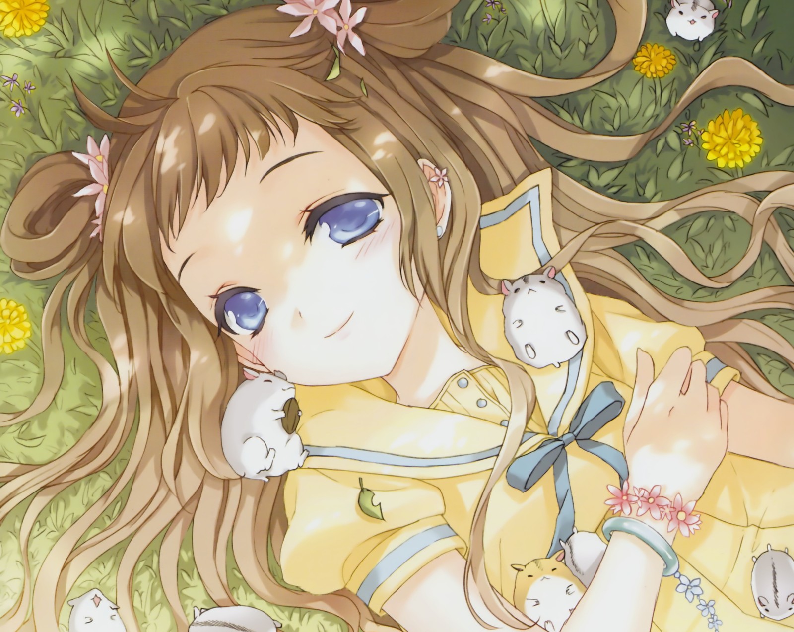 Anime girl laying on the ground with her cat and kittens (anime, manga, cartoon, illustration, brown hair)