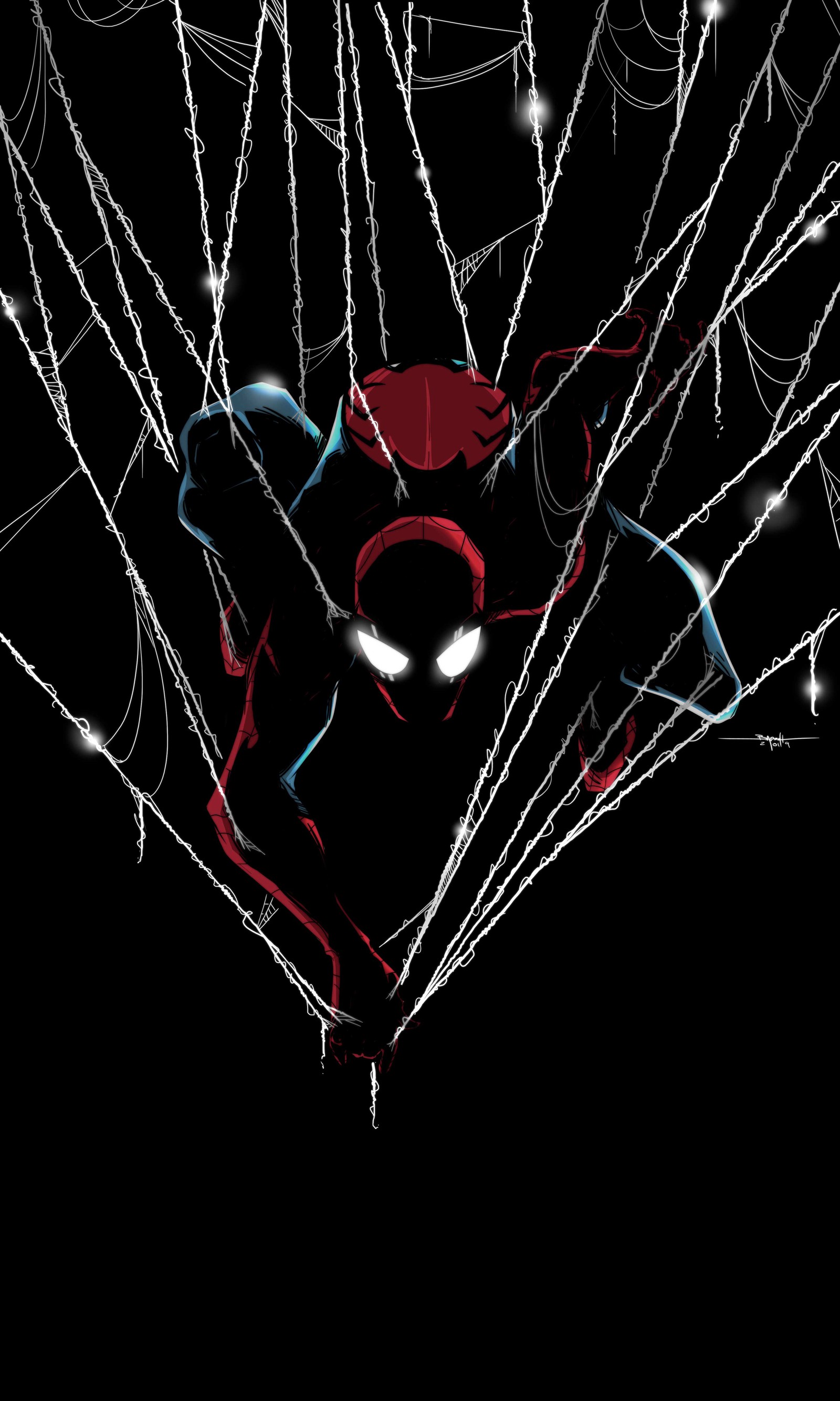 Spider-man dans une toile d'araignée sur un fond noir (spider man, sombre, œuvre dart, super héros marvel, marvel superheroes)