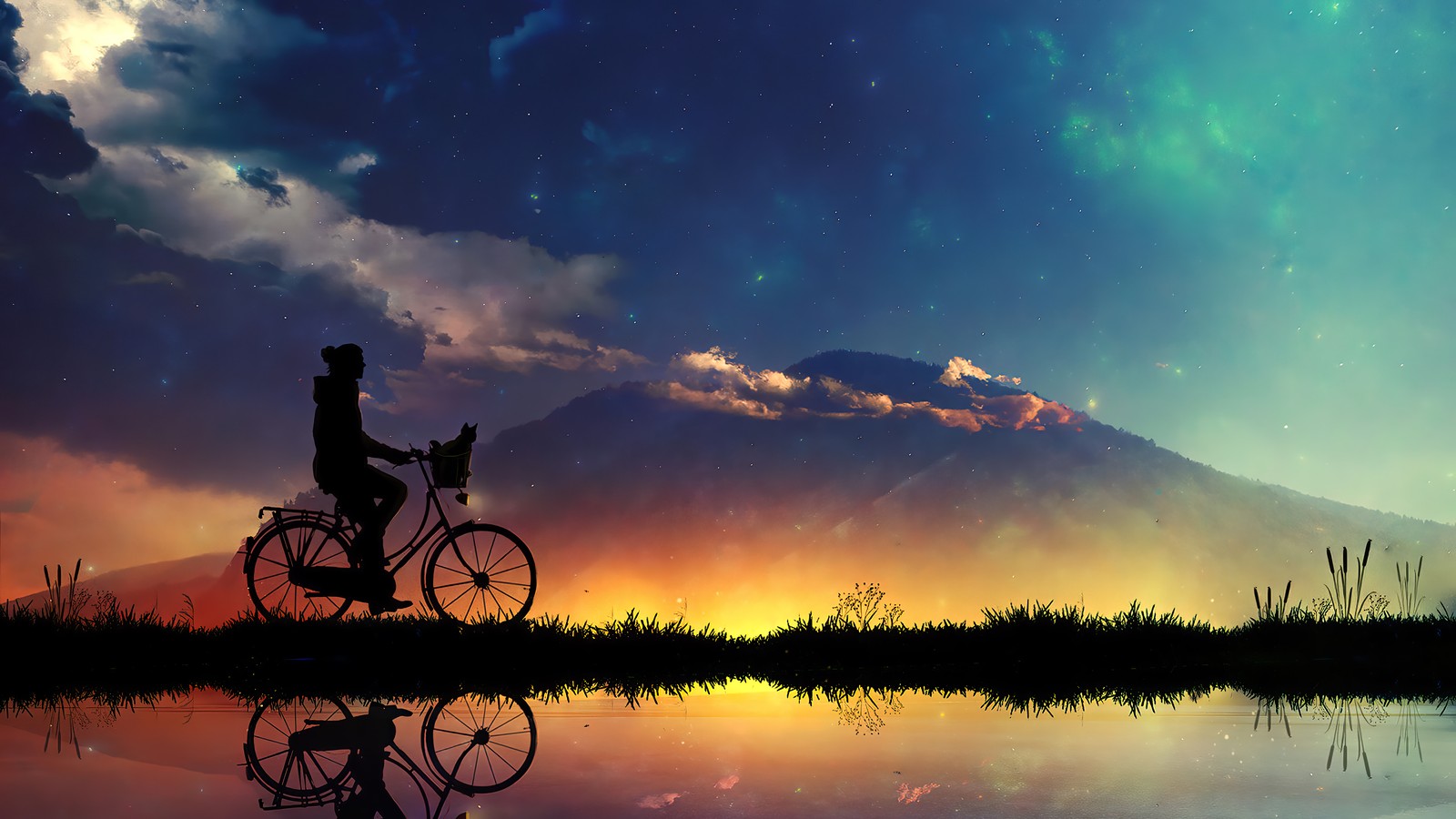 Arafed image of a man and a dog on a bicycle (sunset, sky, scenery, riding, bicycle)