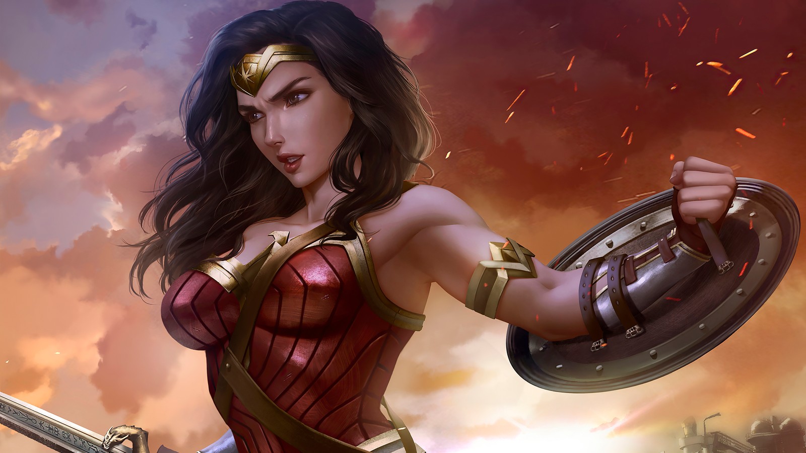 Wonder wonder woman with sword and shield in front of a sunset (wonder woman, dc comics, superhero, girls, comics)