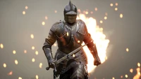 Armored Knight in Action Amidst Fiery Background