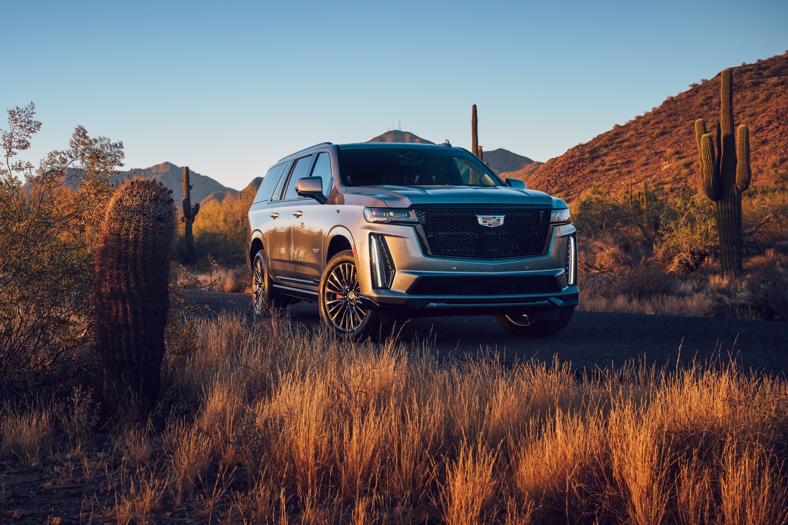 Un suv cadillac plateado 2020 estacionado en el desierto (cadillac escalade v esv, suv de lujo, 2023, coches, fondo de pantalla 4k)