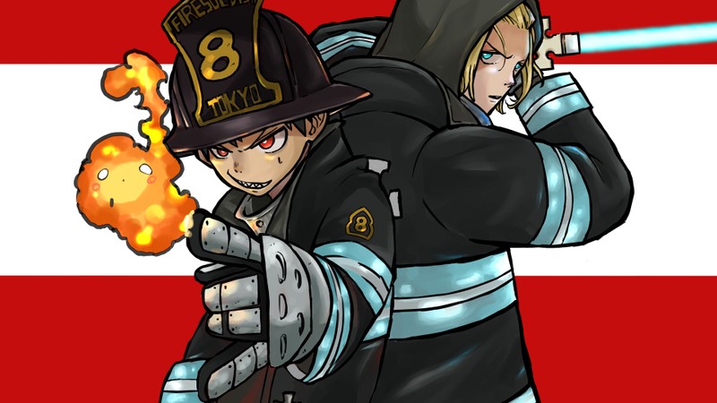 Пожарный с пожарным шлангом и гидрантом в руке (fire force, аниме, anime, огненная бригада, enen no shouboutai)