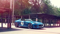 A striking blue Jaguar F-Type convertible parked under a canopy, showcasing its sleek design and alloy wheels, surrounded by a natural green backdrop.