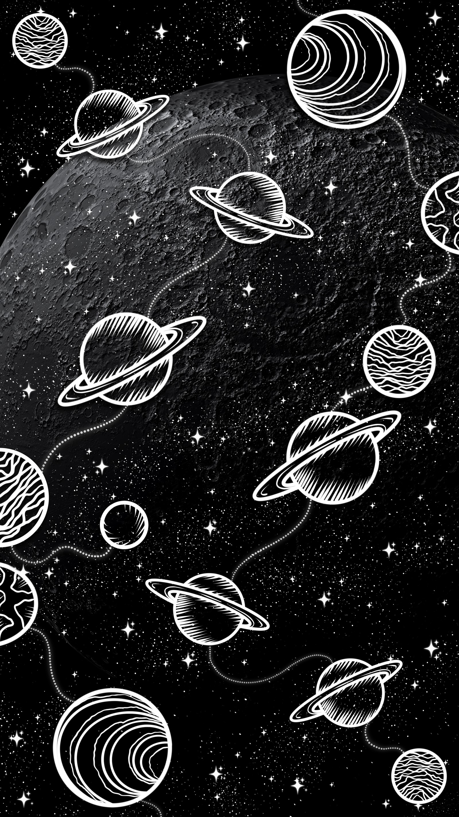 A black and white drawing of a space scene with planets (drawing, art, white, black, style)