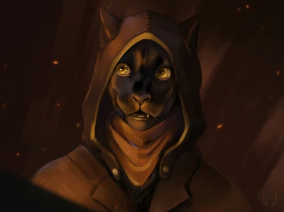 Khajiit mystérieux en manteau sombre : Une illustration inspirée de The Elder Scrolls